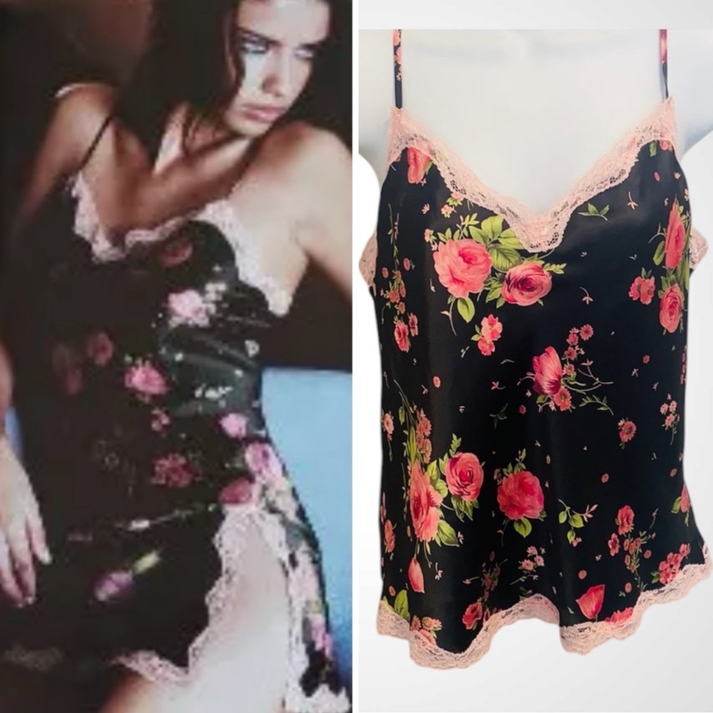 2002 Victoria’s Secret Silky Pink Roses Lace Black Vintage Camisole Tank Top M - Picture 5 of 8